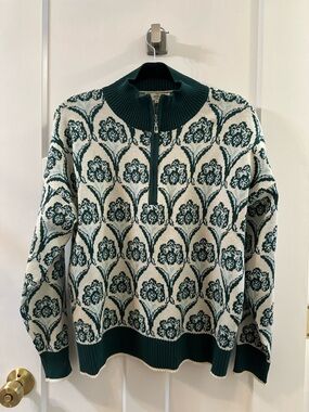 entro Green and Cream Floral Jacquard Half-Zip Sweater
